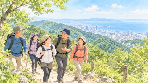 神戸・六甲山で仲間とハイキングを楽しむイラスト