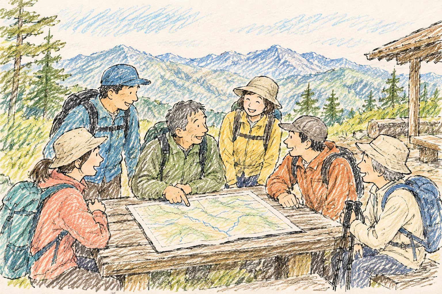 山の地図を囲みながら楽しそうに話す神戸中央山の会の仲間をイメージした手描き風イラスト