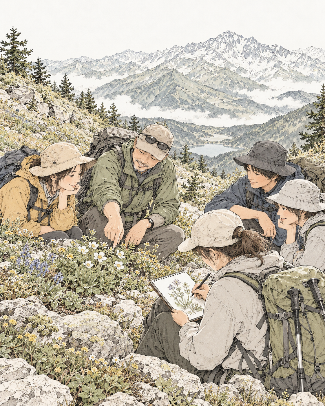 山の自然を観察する仲間たち