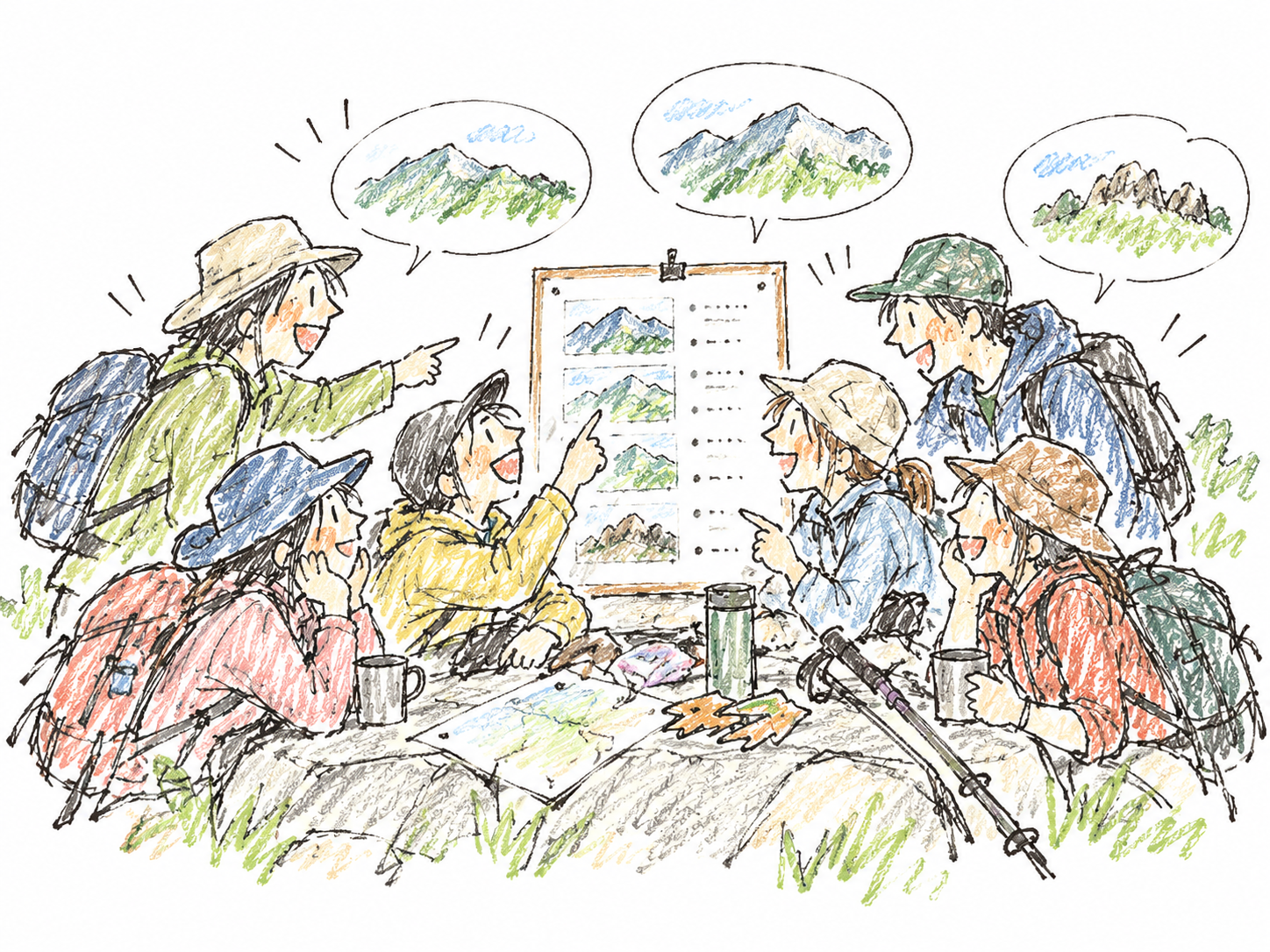 山行予定を見ながら次に行きたい山を話す仲間たち
