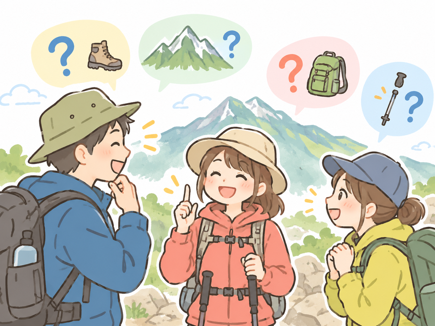神戸中央山の会のFAQをイメージした、山で会話する登山者のやさしいイラスト